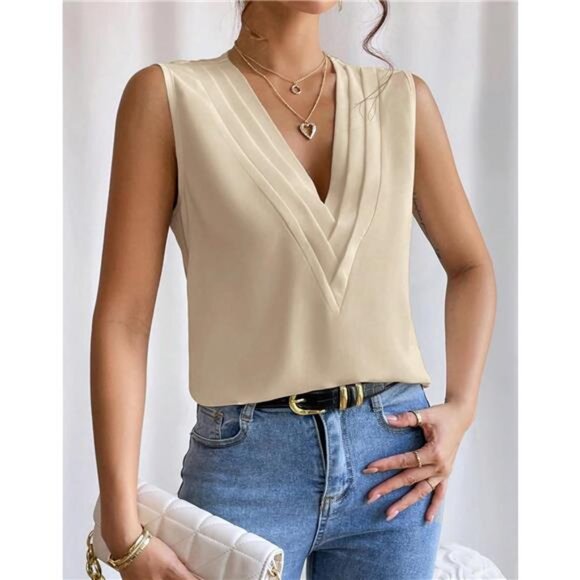 🌸 Elegant V-Neck Layered Blouse for Women – Sleeveless Solid Top - Picture 2 of 6